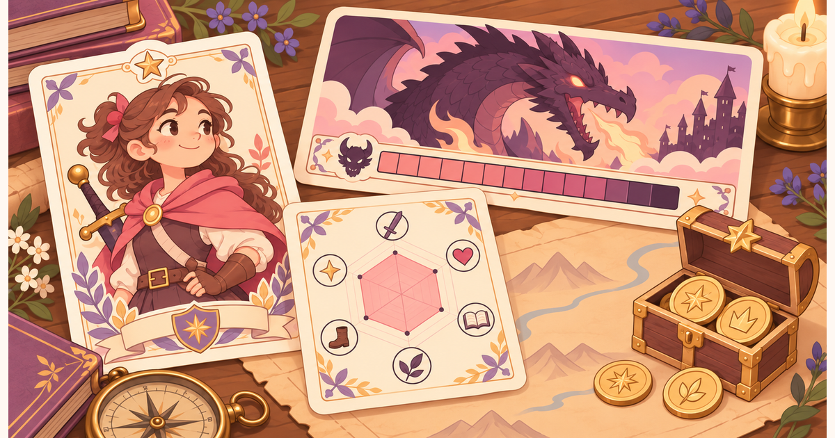 An illustrated hero card, trait chart, boss health bar and reward chest.