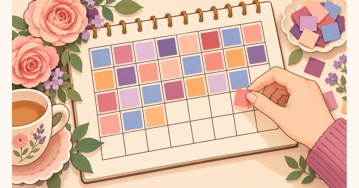 A hand adds one coloured square to a partly filled monthly grid.