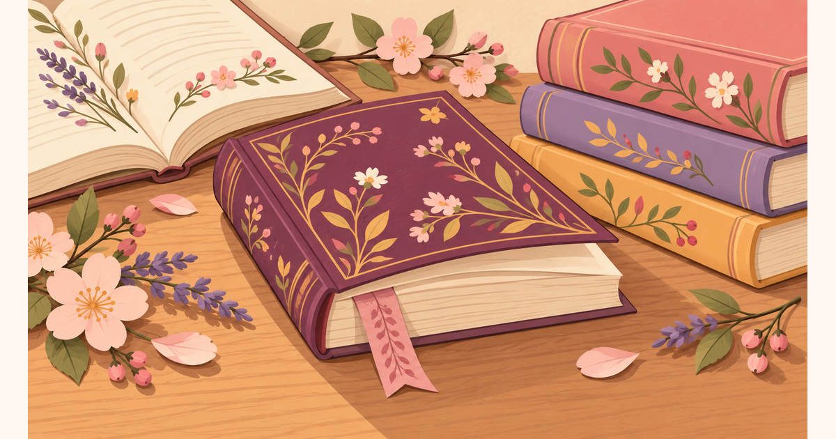 A bookmarked plum-coloured book beside a stack of finished books.