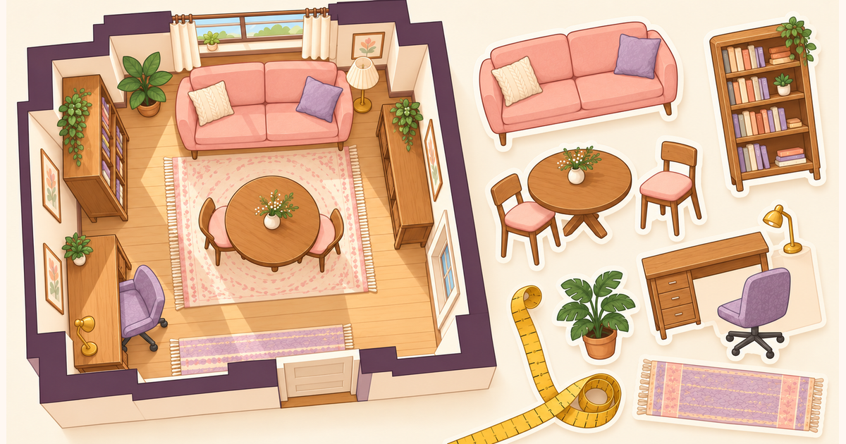 A small furnished room beside paper cutouts of a sofa, bookshelf, table and desk.