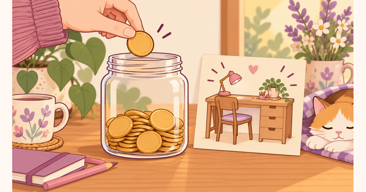 A coin drops into a savings jar beside a picture of the desk being saved for.