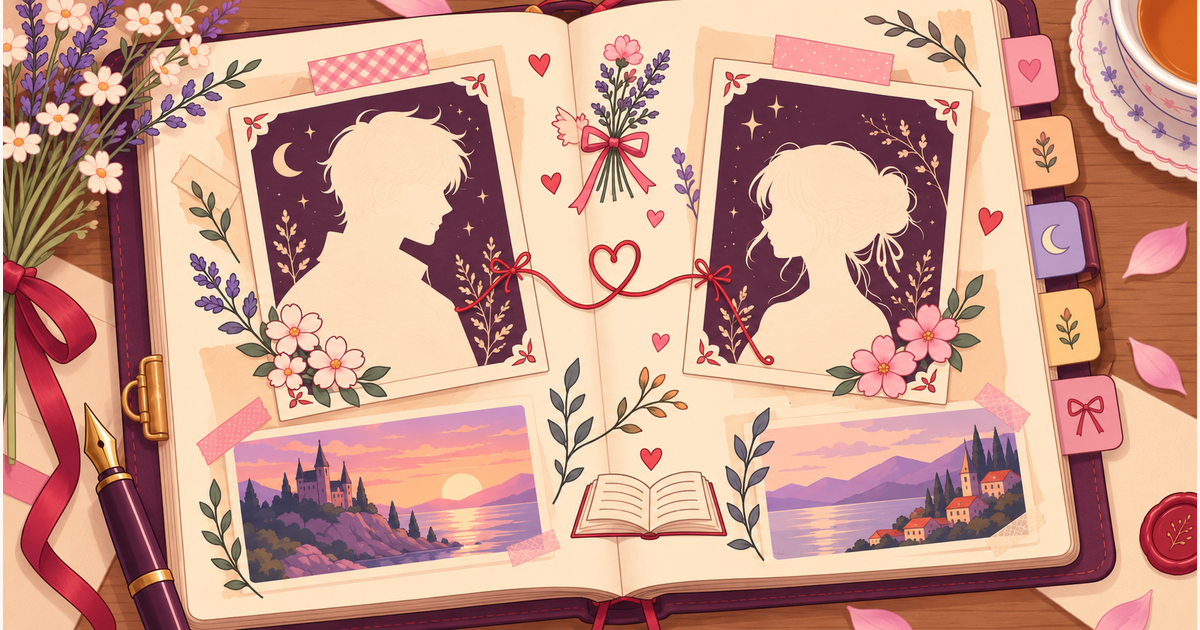 Two fictional portraits joined by a heart-shaped thread in a shipping notebook.