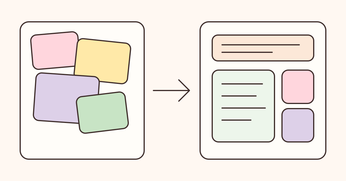 A crowded stack of dashboard blocks becoming a calm organised layout
