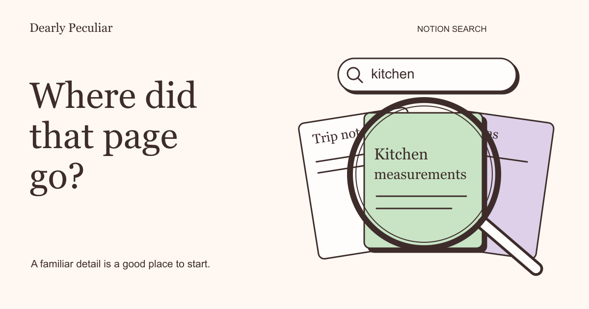 A magnifying glass brings a mint page labelled Kitchen measurements into focus.