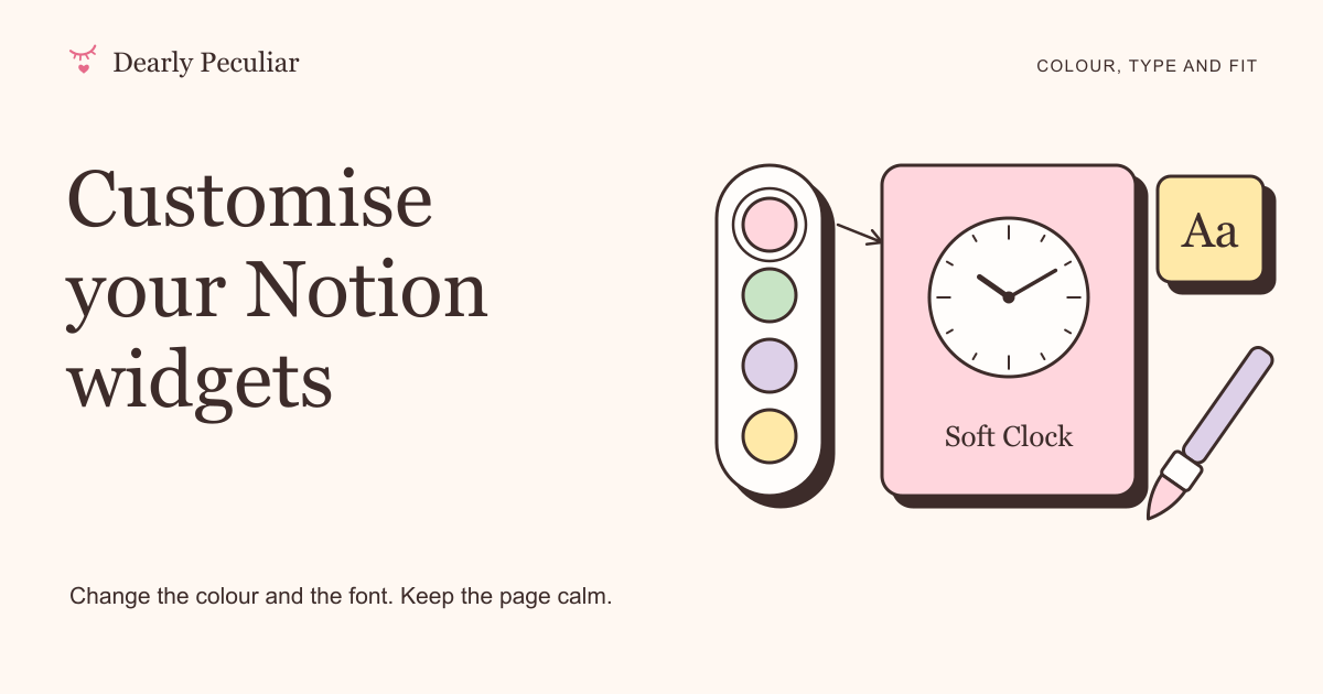 A clock widget being recoloured from a palette of swatches, beside an Aa font card and a paintbrush.