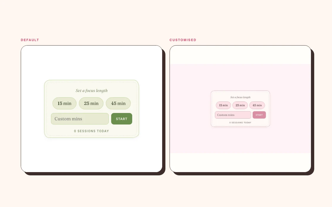 The same Focus Timer in its default and customised themes.