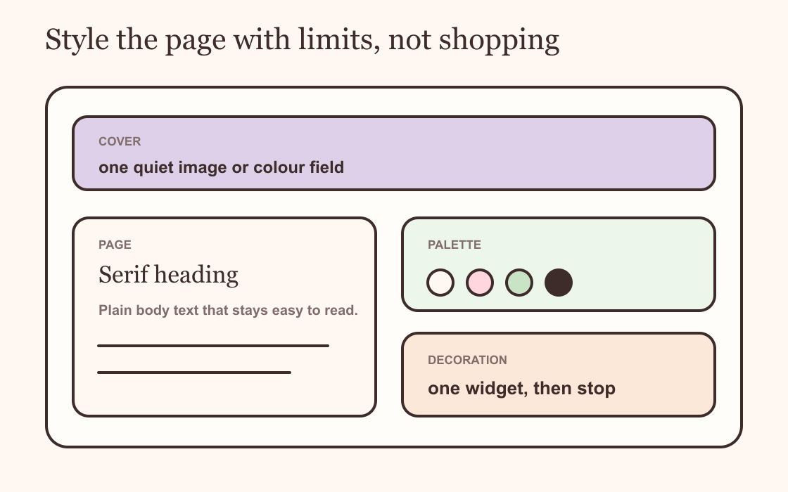 A simple styling recipe showing a neutral base, one accent colour, useful spacing and a matching widget