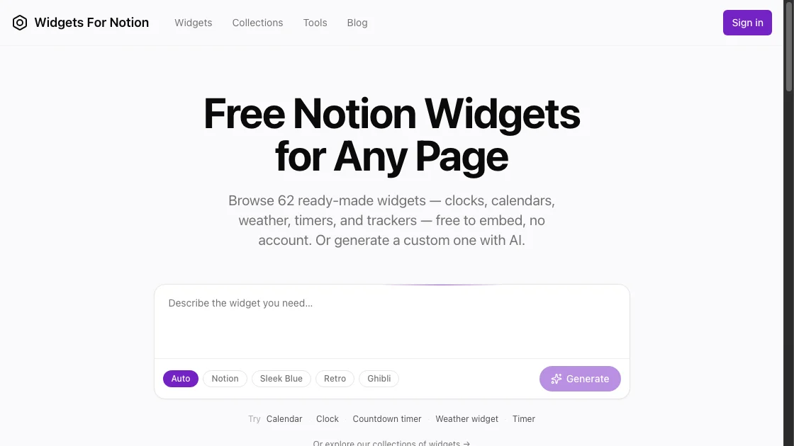 Widgets for Notion widget website homepage