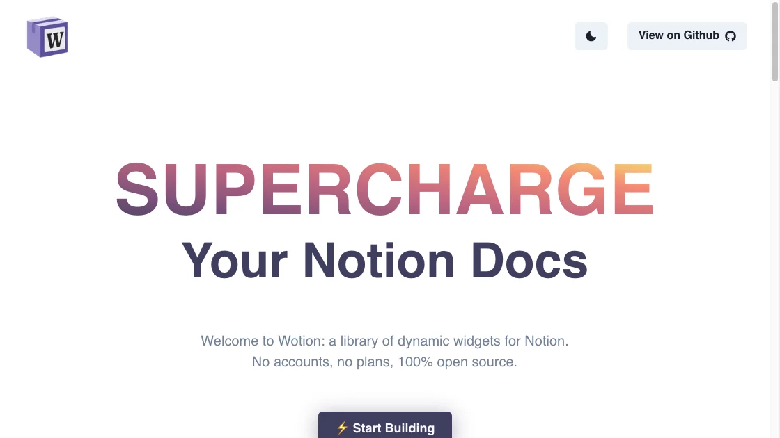 Wotion widget website homepage