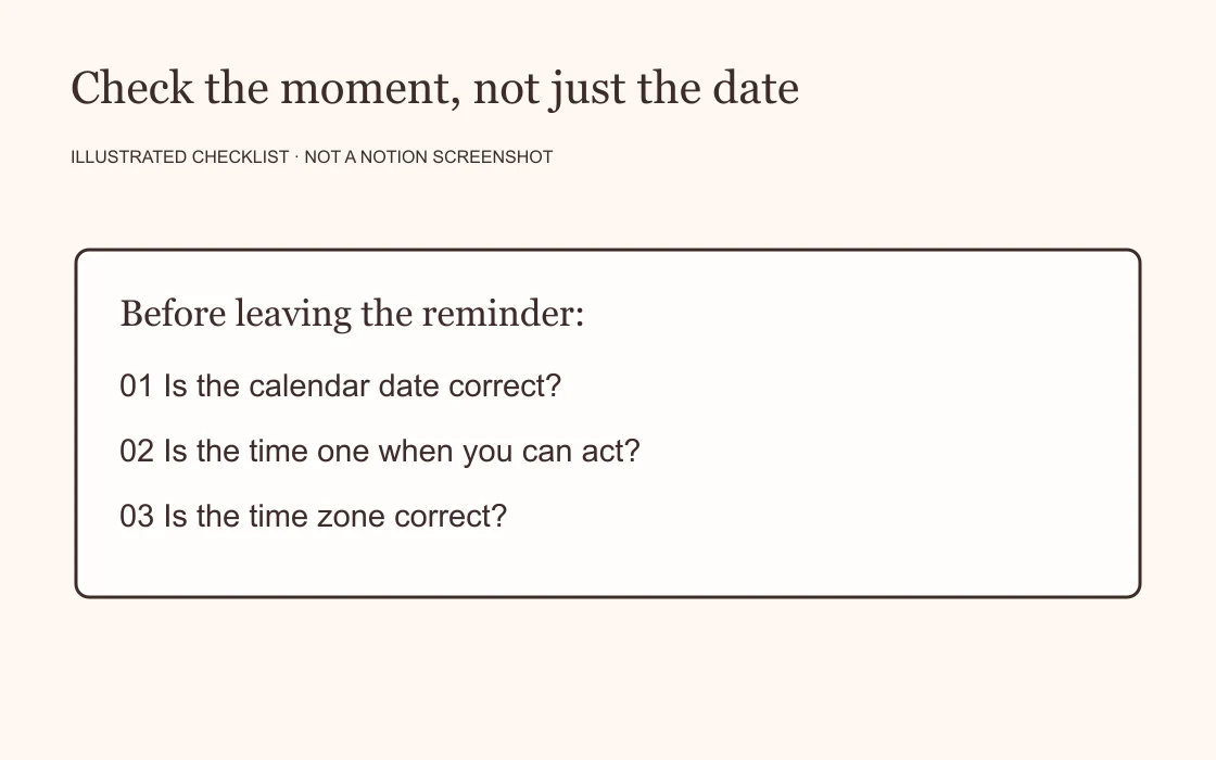 An illustrated checklist to confirm the reminder date, time and time zone.