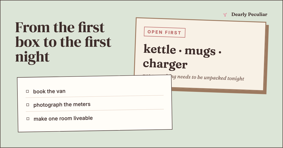 Illustrated moving date, first 24 hours checklist and new-home card for a Notion moving planner