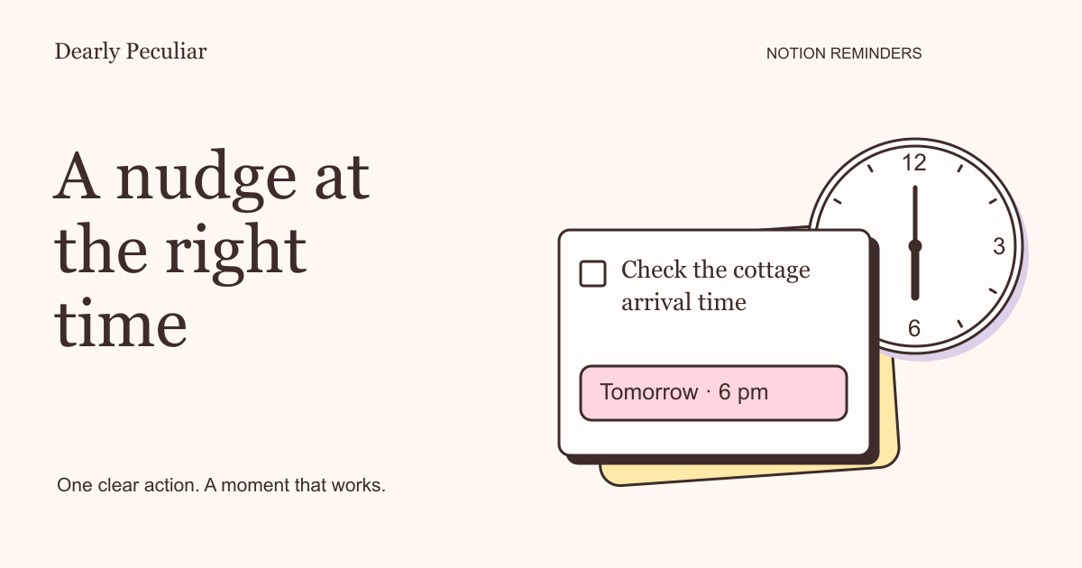 A task card with a reminder for tomorrow at six, overlapping a clock showing six o’clock.