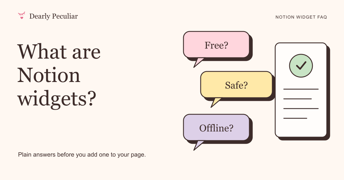 Three speech bubbles asking Free?, On my phone? and Offline?, beside an answer card with a tick.