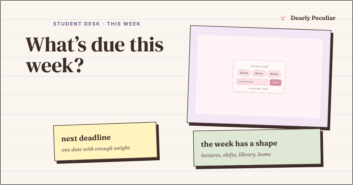 Illustrated deadline countdown, focus timer and reading card for a student Notion dashboard